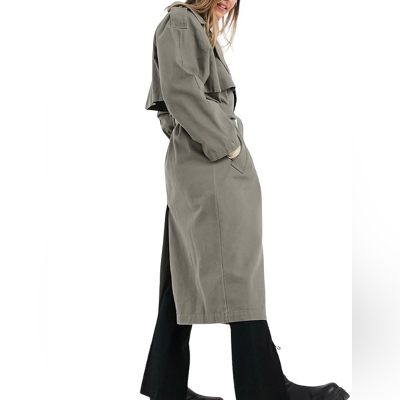 ASOS Overzized Cavas Double Breast Trench Coat Army Green - Picture 3 of 10